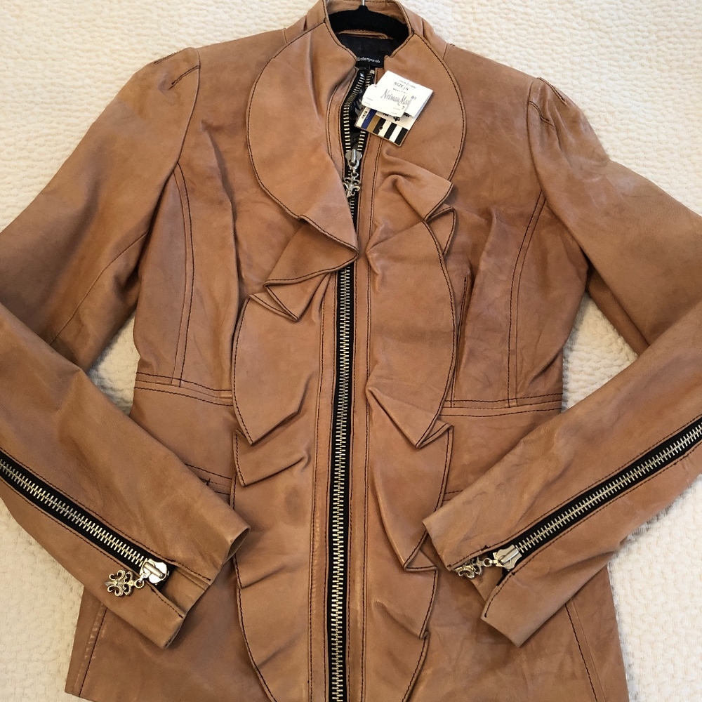 Ruffled Leather Moto Jacket